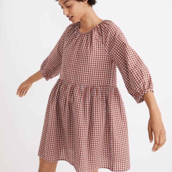 Madewell Dresses & Skirts - Casual Rust/Gray Crew Neck Raglan Sleeve Gingham Seersucker Sundress